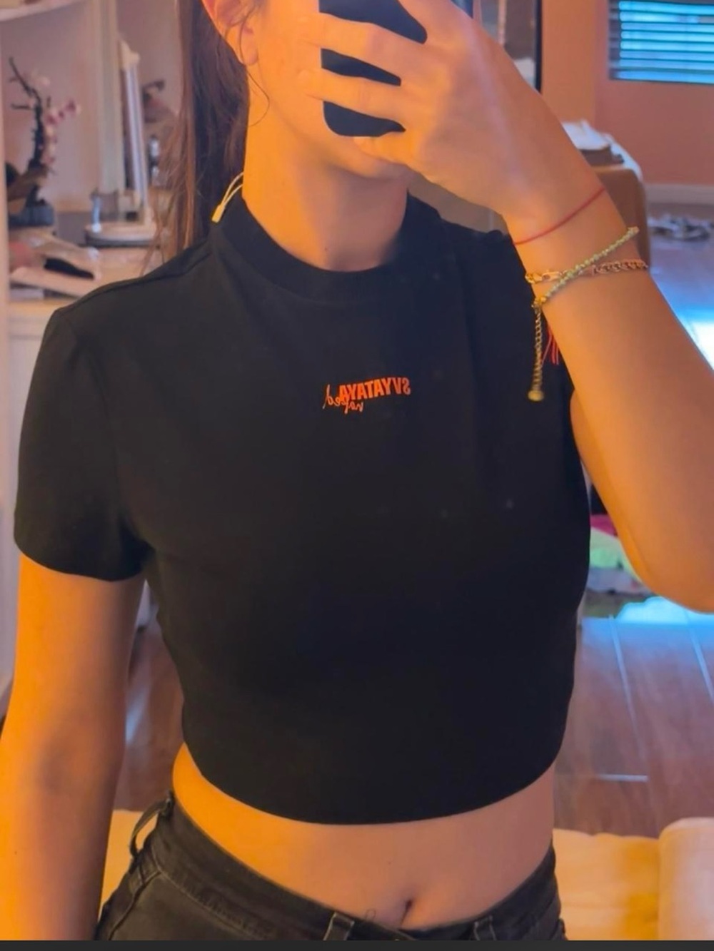 Black Crop Top with Small Orange Logo - Women
